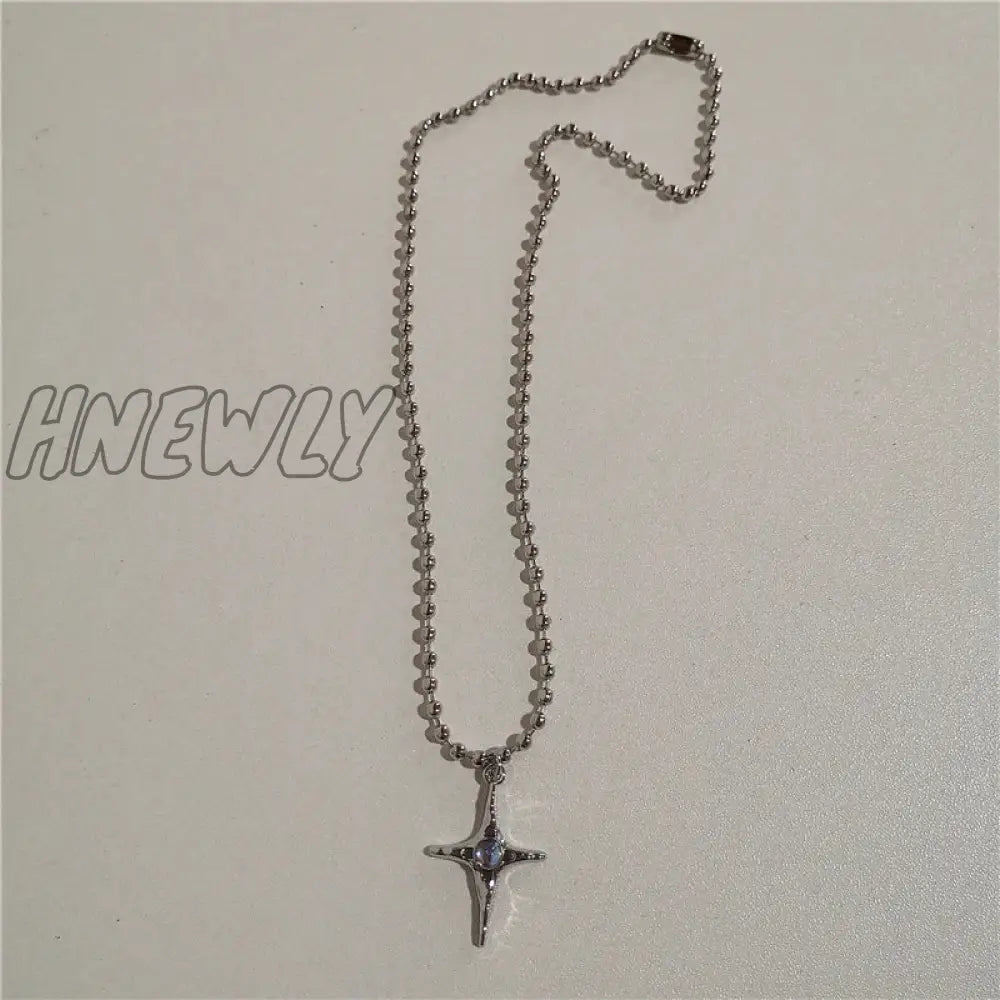 Hnewly Kpop Vintage Punk Silver Color Star Pendant Bead Necklace For Men Women Street Hip Hop