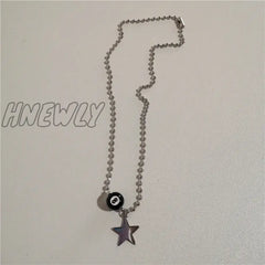 Hnewly Kpop Vintage Punk Silver Color Star Pendant Bead Necklace For Men Women Street Hip Hop