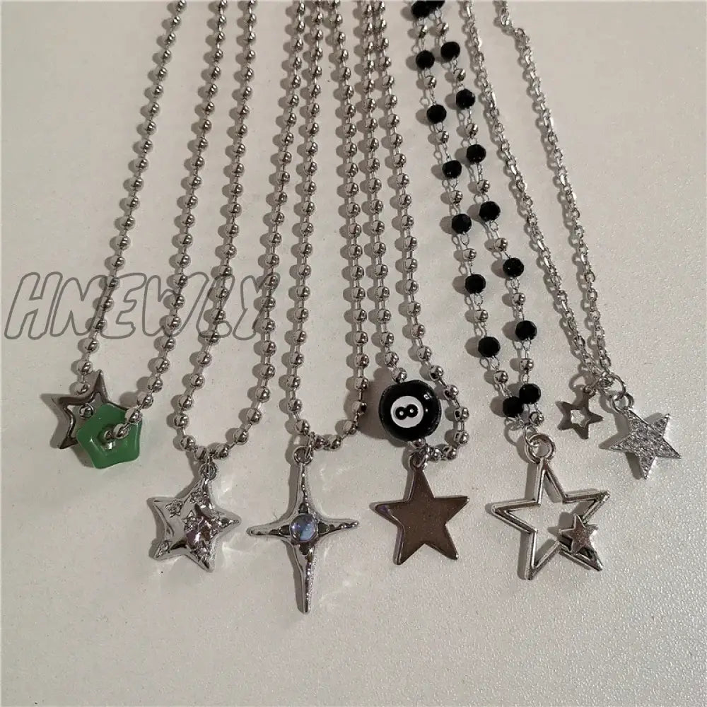 Hnewly Kpop Vintage Punk Silver Color Star Pendant Bead Necklace For Men Women Street Hip Hop