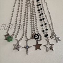 Hnewly Kpop Vintage Punk Silver Color Star Pendant Bead Necklace For Men Women Street Hip Hop