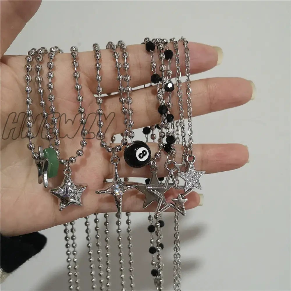 Hnewly Kpop Vintage Punk Silver Color Star Pendant Bead Necklace For Men Women Street Hip Hop