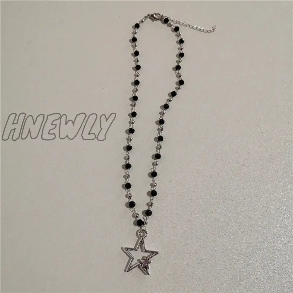 Hnewly Kpop Vintage Punk Silver Color Star Pendant Bead Necklace For Men Women Street Hip Hop