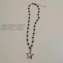 Hnewly Kpop Vintage Punk Silver Color Star Pendant Bead Necklace For Men Women Street Hip Hop