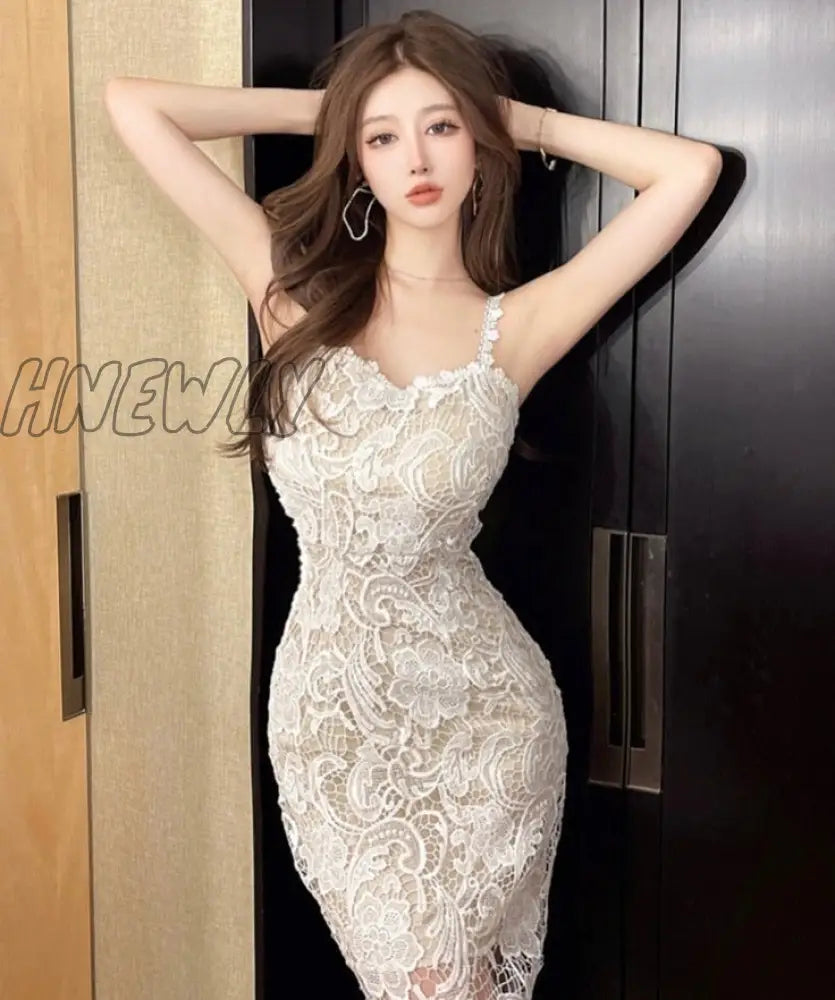 Hnewly Lace Hollow Out Spaghetti Strap Dress Women Split V Neck Spring Summer Sexy Mini Dresses