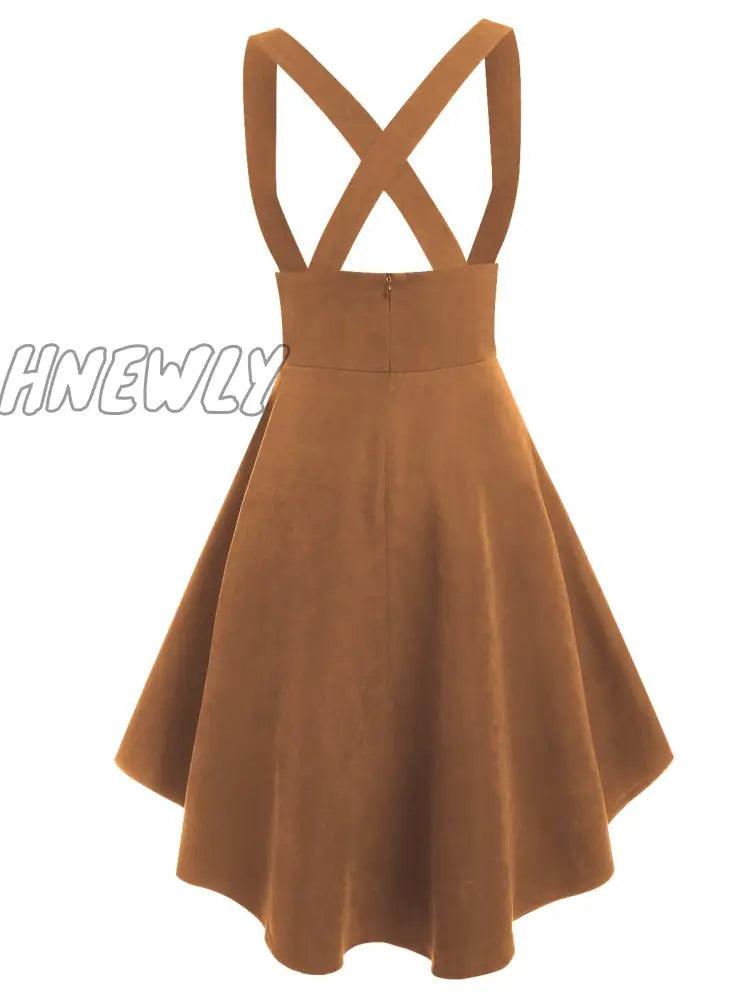 Hnewly Lace Up Layered High Low Suspender Skirt Casual Streetwear Women Mid-Calf Skirts Mock Button