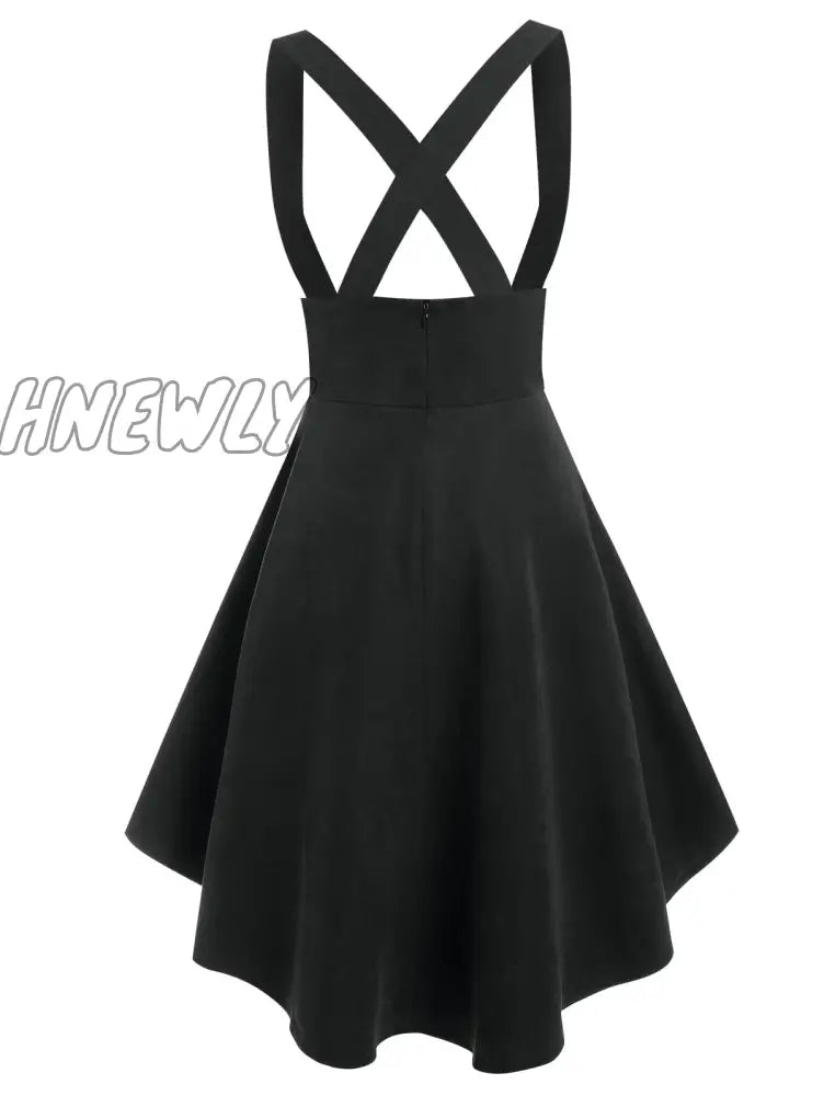 Hnewly Lace Up Layered High Low Suspender Skirt Casual Streetwear Women Mid-Calf Skirts Mock Button