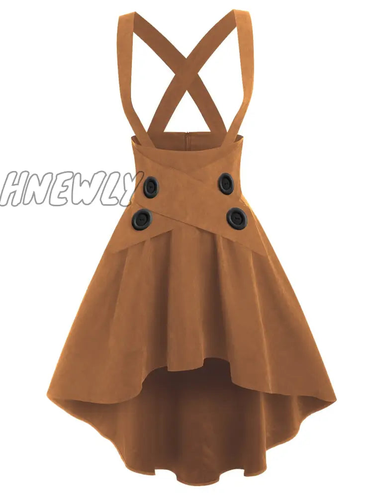 Hnewly Lace Up Layered High Low Suspender Skirt Casual Streetwear Women Mid-Calf Skirts Mock Button