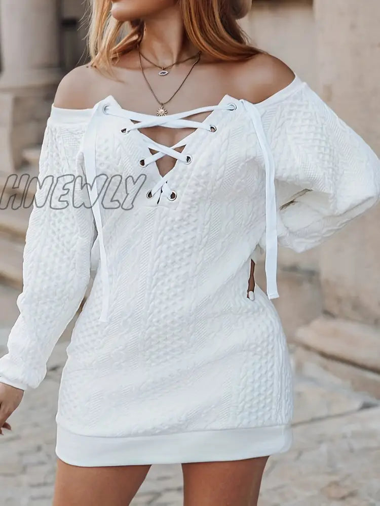 Hnewly Lace Up Off Shoulder Dress Casual Textured Long Sleeve Solid Women’s Clothing