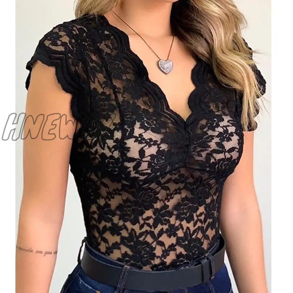 Hnewly Lace V-Neck Sleeveless Tees Tops For Women Summer Mesh See Through Basic Solid Color Elegant