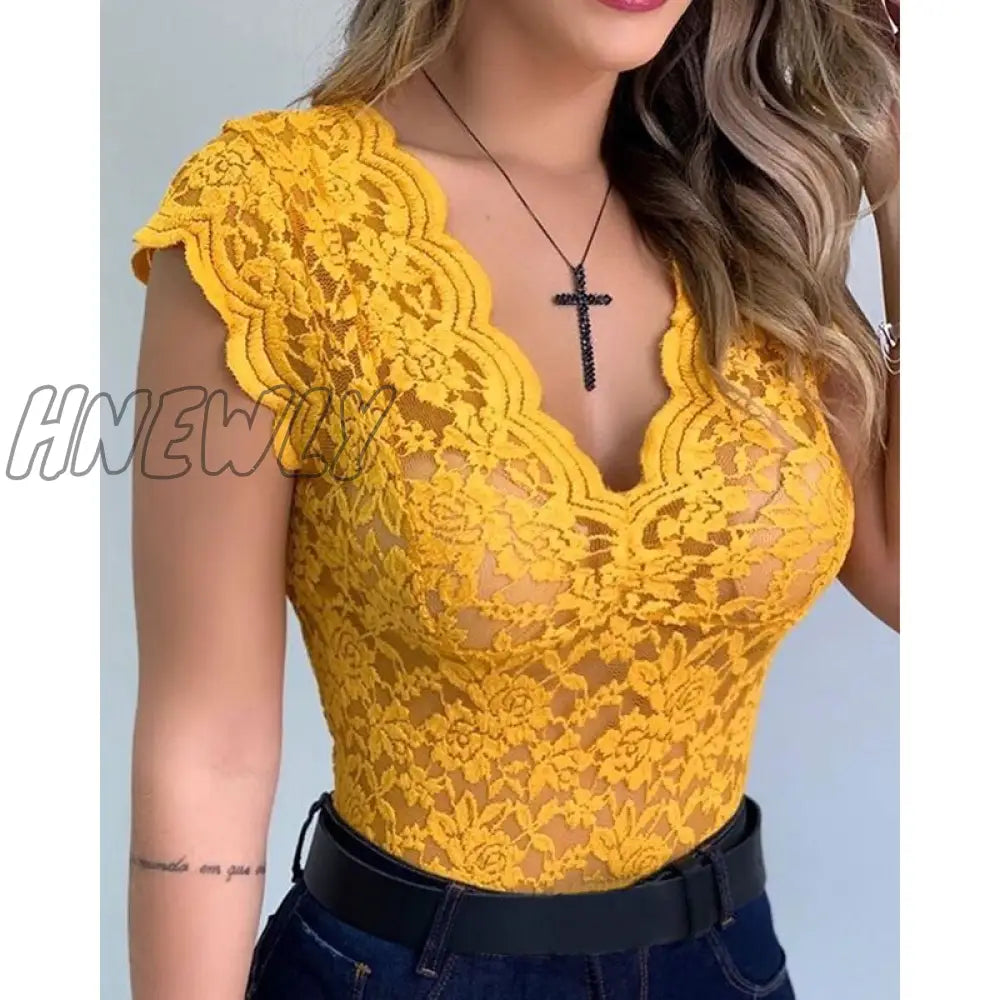 Hnewly Lace V-Neck Sleeveless Tees Tops For Women Summer Mesh See Through Basic Solid Color Elegant