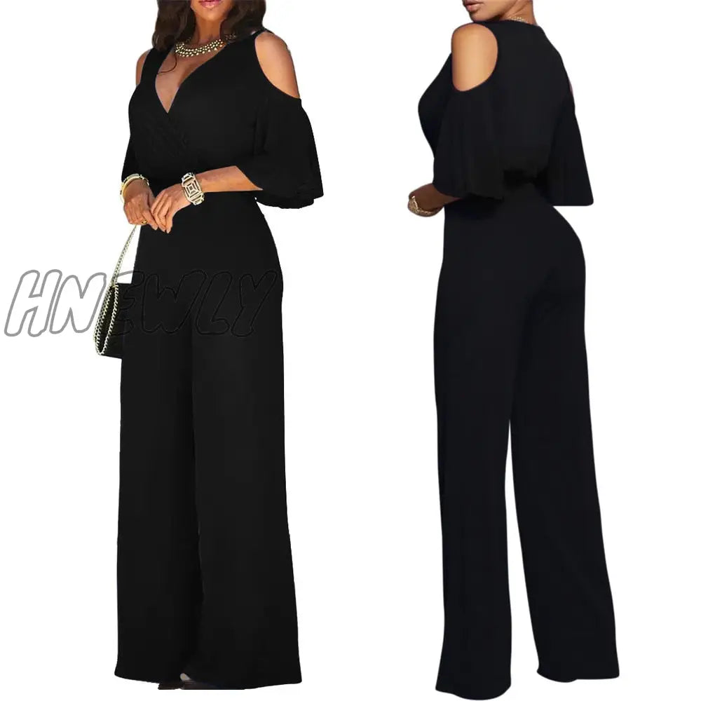 Hnewly Ladies Three Quarter Sleeve Cutout Shoulder Wide Leg Jumpsuit Women Casual Short Solid Sexy