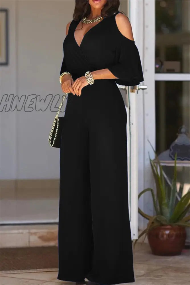Hnewly Ladies Three Quarter Sleeve Cutout Shoulder Wide Leg Jumpsuit Women Casual Short Solid Sexy