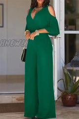 Hnewly Ladies Three Quarter Sleeve Cutout Shoulder Wide Leg Jumpsuit Women Casual Short Solid Sexy