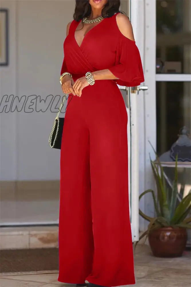 Hnewly Ladies Three Quarter Sleeve Cutout Shoulder Wide Leg Jumpsuit Women Casual Short Solid Sexy