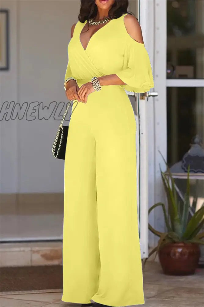 Hnewly Ladies Three Quarter Sleeve Cutout Shoulder Wide Leg Jumpsuit Women Casual Short Solid Sexy