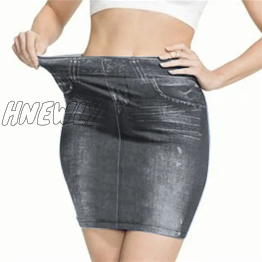 Hnewly Ladies Women Faux Denim Skirt Fashion Print Seamless Jean Skirts Short Slim High Waist