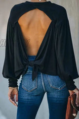 Hnewly - Lantern Sleeve Cutout Open Back Tie Detail Blouse Tops