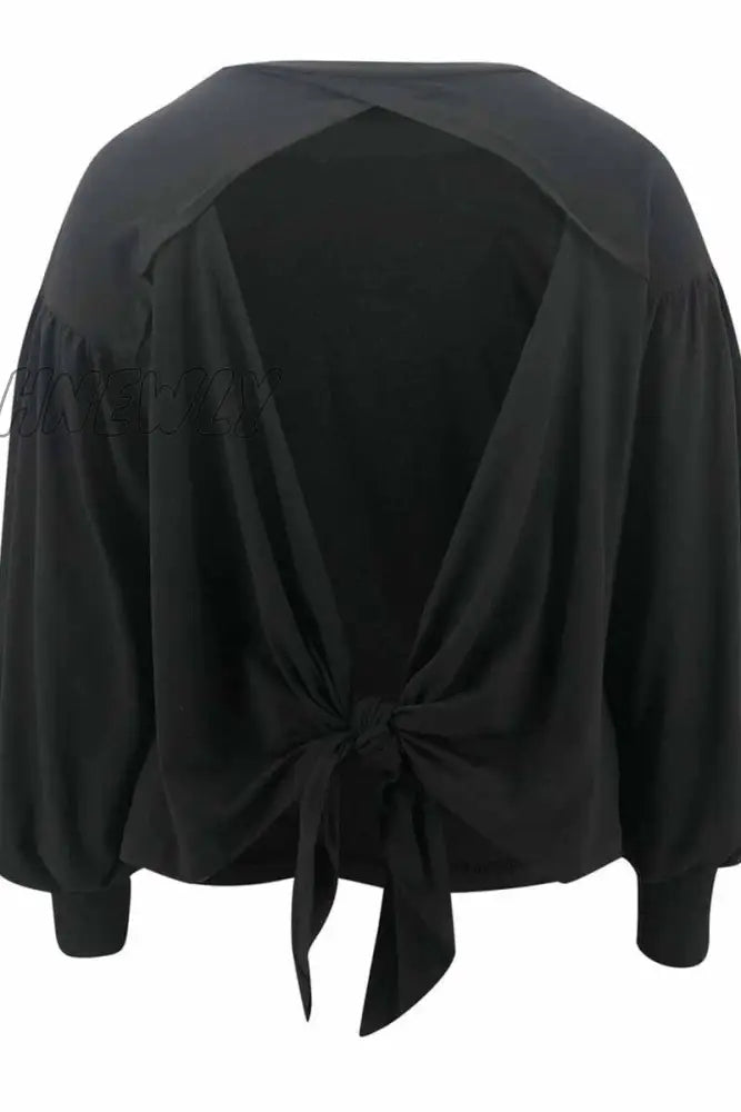 Hnewly - Lantern Sleeve Cutout Open Back Tie Detail Blouse Tops