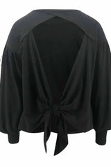 Hnewly - Lantern Sleeve Cutout Open Back Tie Detail Blouse Tops