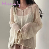 Hnewly Lazy Style Full Sleeves Jumpers Tops Hollow Out Sexy Women Fashion Casual Streetwear Chic