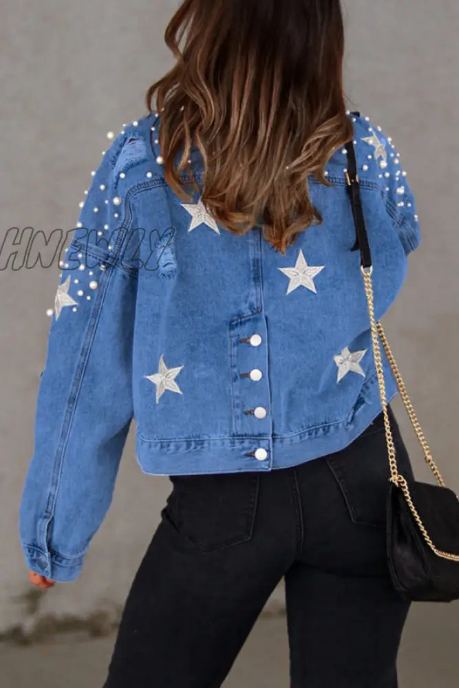 Hnewly - Light Blue Casual Solid Beading Turndown Collar Long Sleeve Denim Jacket Coats Blazer &