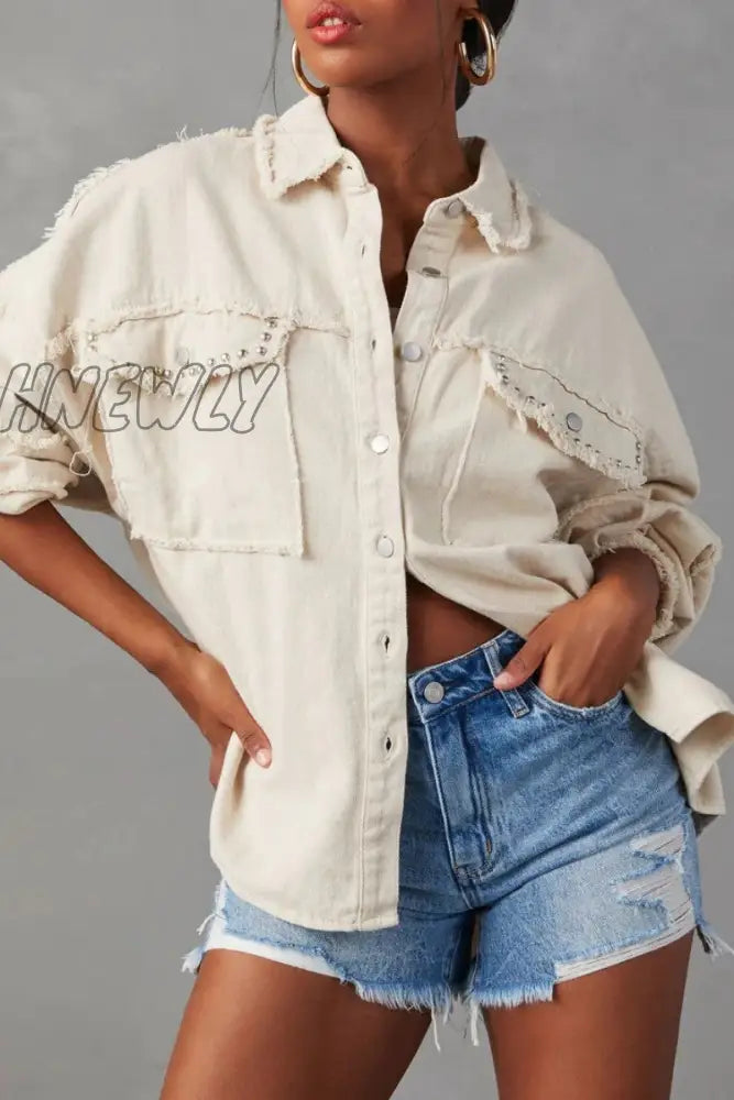 Hnewly - Light Blue Casual Solid Patchwork Turndown Collar Long Sleeve Regular Denim Jacket Apricot