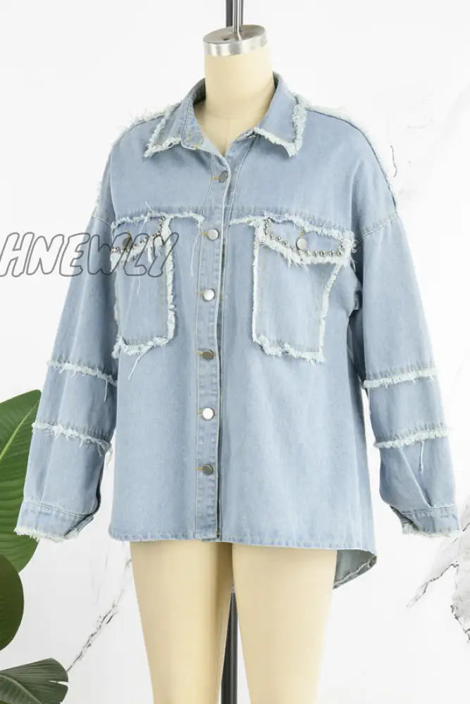 Hnewly - Light Blue Casual Solid Patchwork Turndown Collar Long Sleeve Regular Denim Jacket Coats