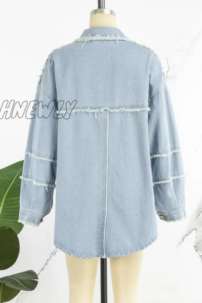 Hnewly - Light Blue Casual Solid Patchwork Turndown Collar Long Sleeve Regular Denim Jacket Coats
