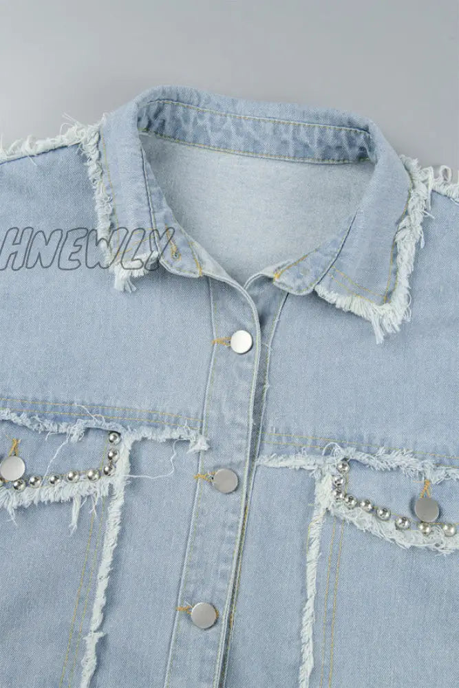 Hnewly - Light Blue Casual Solid Patchwork Turndown Collar Long Sleeve Regular Denim Jacket Coats
