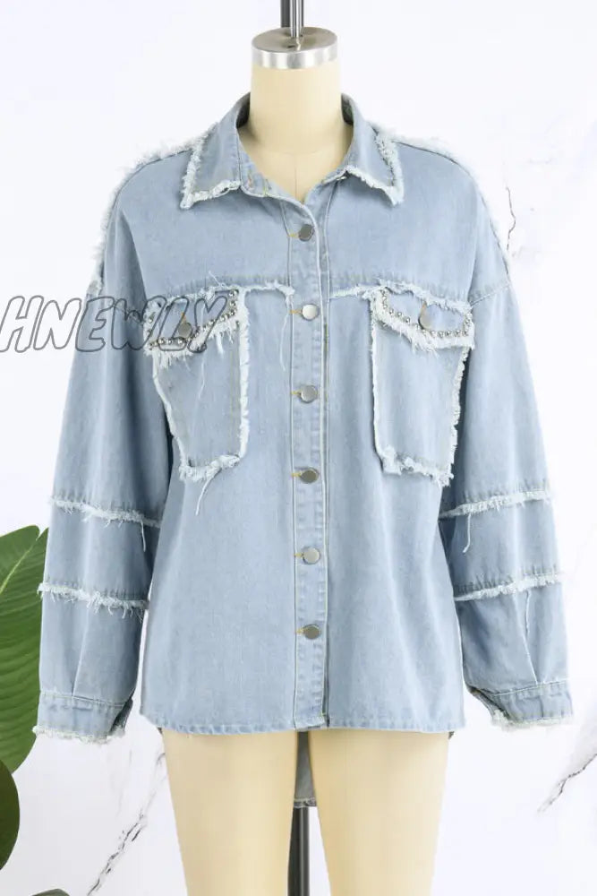 Hnewly - Light Blue Casual Solid Patchwork Turndown Collar Long Sleeve Regular Denim Jacket Coats