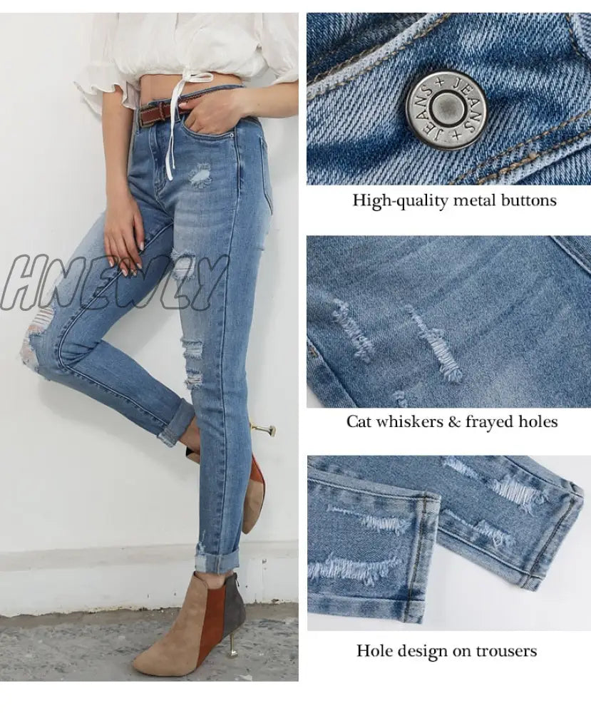 Hnewly Light Blue Sexy Skinny Women Jeans Stretch Butt Lift Ripped Hole Denim Pants Lady Clothes