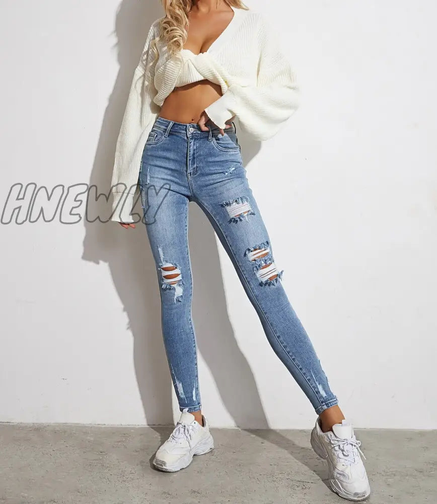 Hnewly Light Blue Sexy Skinny Women Jeans Stretch Butt Lift Ripped Hole Denim Pants Lady Clothes