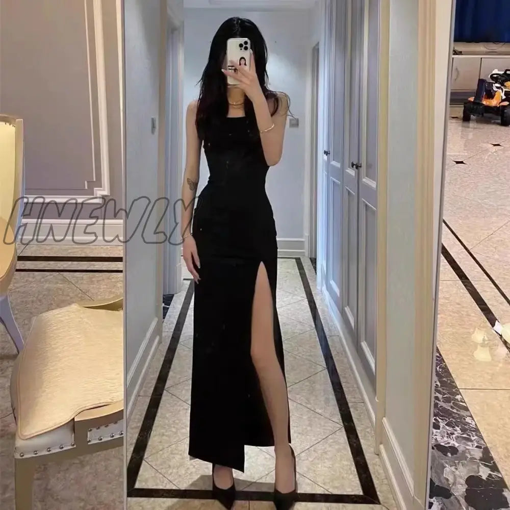 Hnewly Light Girl Pure Design Black Split Hip Strap Women’s Long Style With Party Es Women Dress