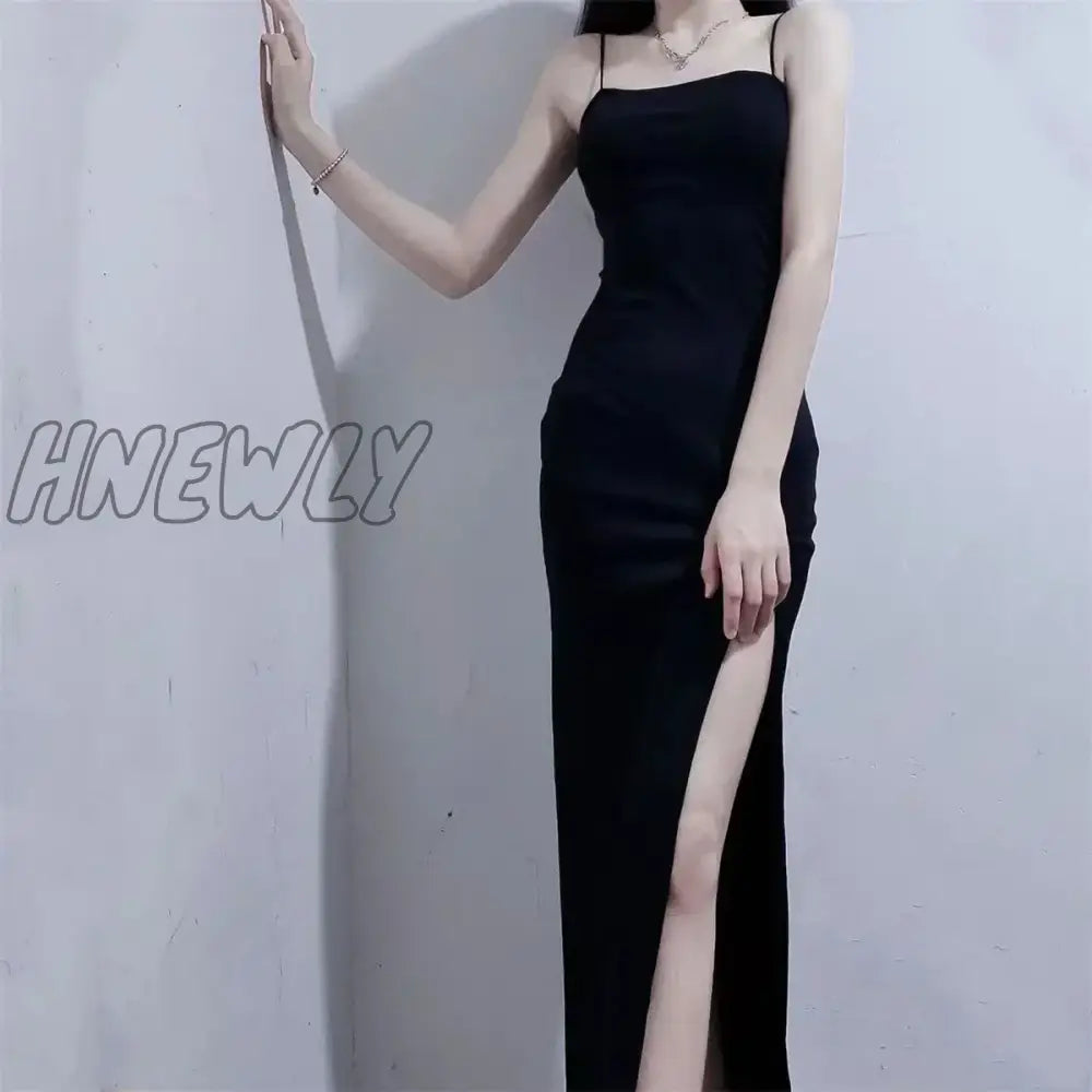 Hnewly Light Girl Pure Design Black Split Hip Strap Women’s Long Style With Party Es Women Dress