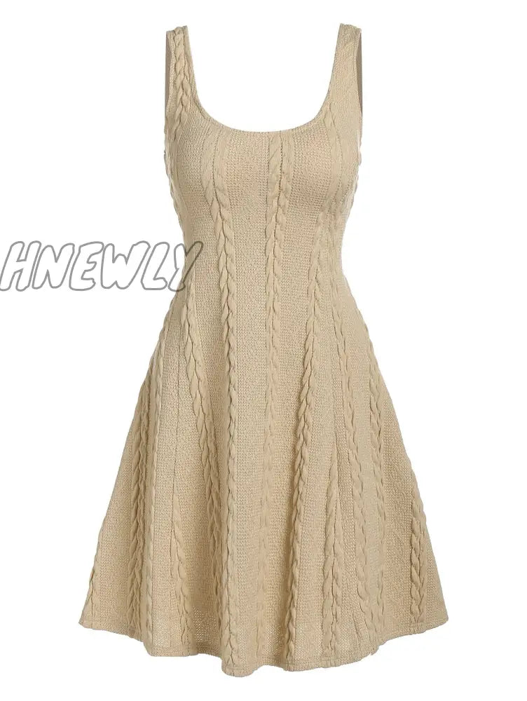Hnewly Light Yellow Autumn Winter Fashion Long Sleeve Cable Knit Arm Mini Sweater A Line Dress For