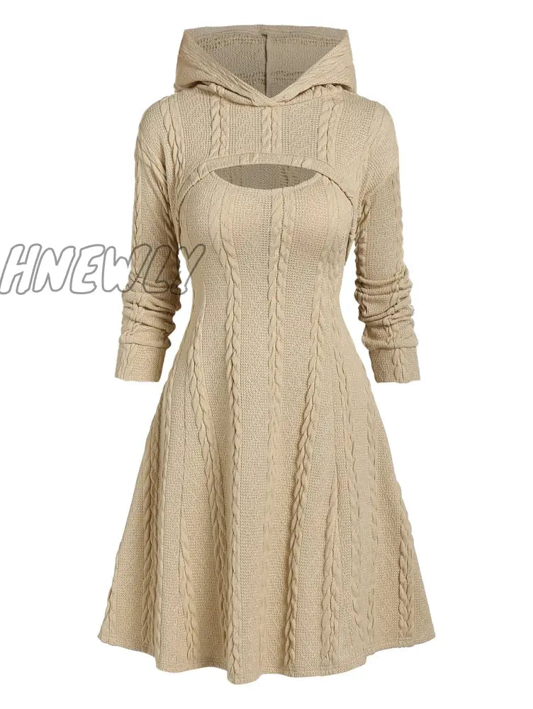 Hnewly Light Yellow Autumn Winter Fashion Long Sleeve Cable Knit Arm Mini Sweater A Line Dress For