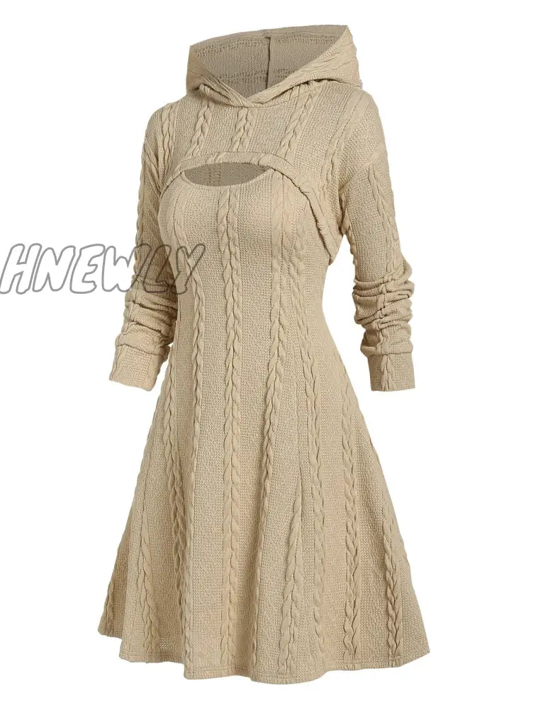 Hnewly Light Yellow Autumn Winter Fashion Long Sleeve Cable Knit Arm Mini Sweater A Line Dress For