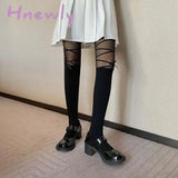 Hnewly Lolita Cross Bandage Tie Dark Black Ribbon Bow Basic Stitched Silk Socks Stockings Thigh