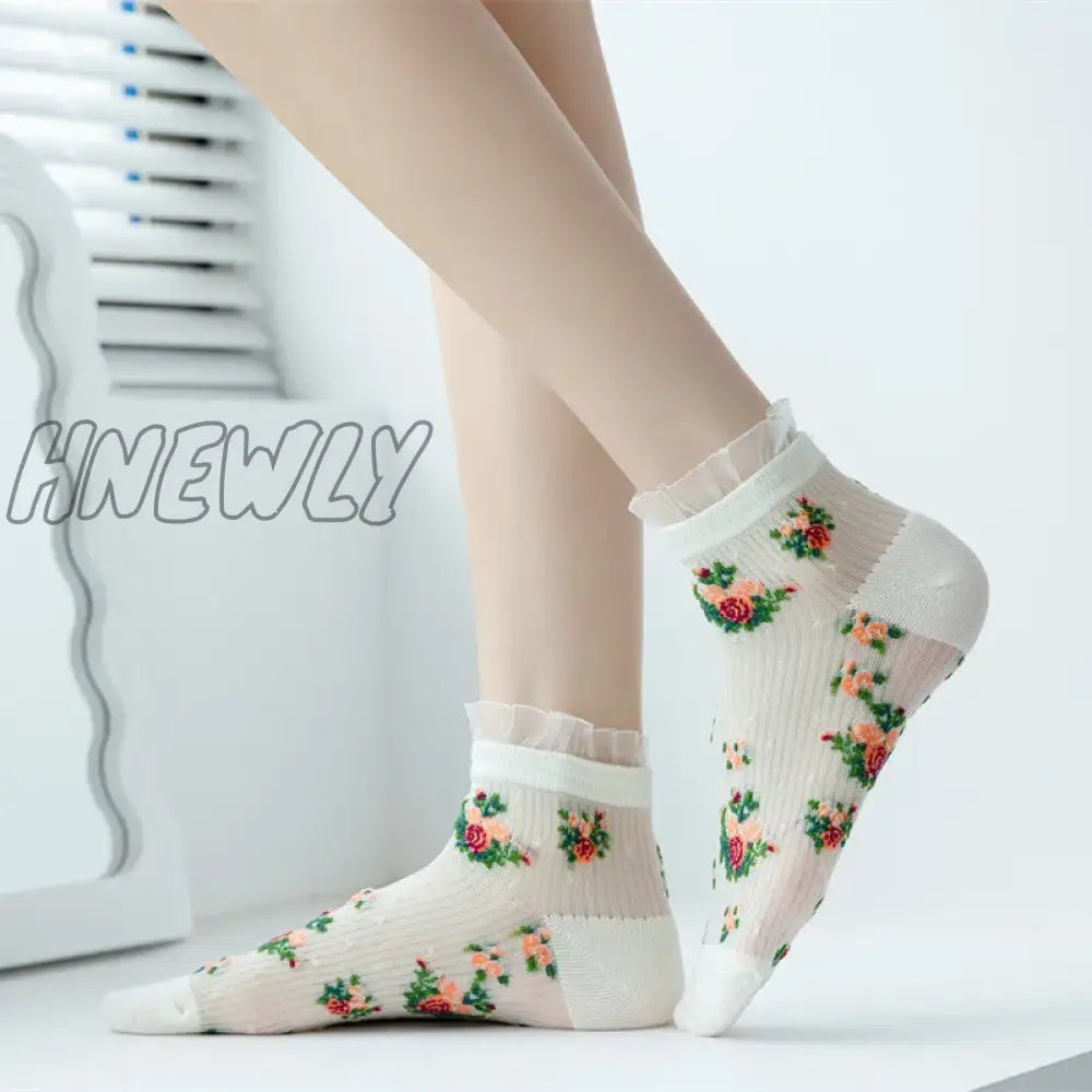 Hnewly Lolita Lace Ruffle Socks Floral Embroidery Harajuku Vintage Short Women Summer Ultra-Thin
