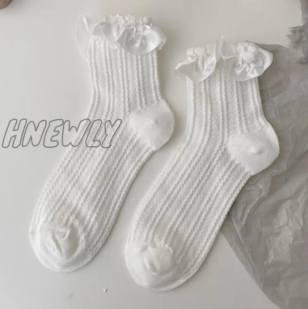Hnewly Lolita White Lace Socks Women Heart Bowknot Cotton Femme Sweet Jk Ankle Dress Calcetine