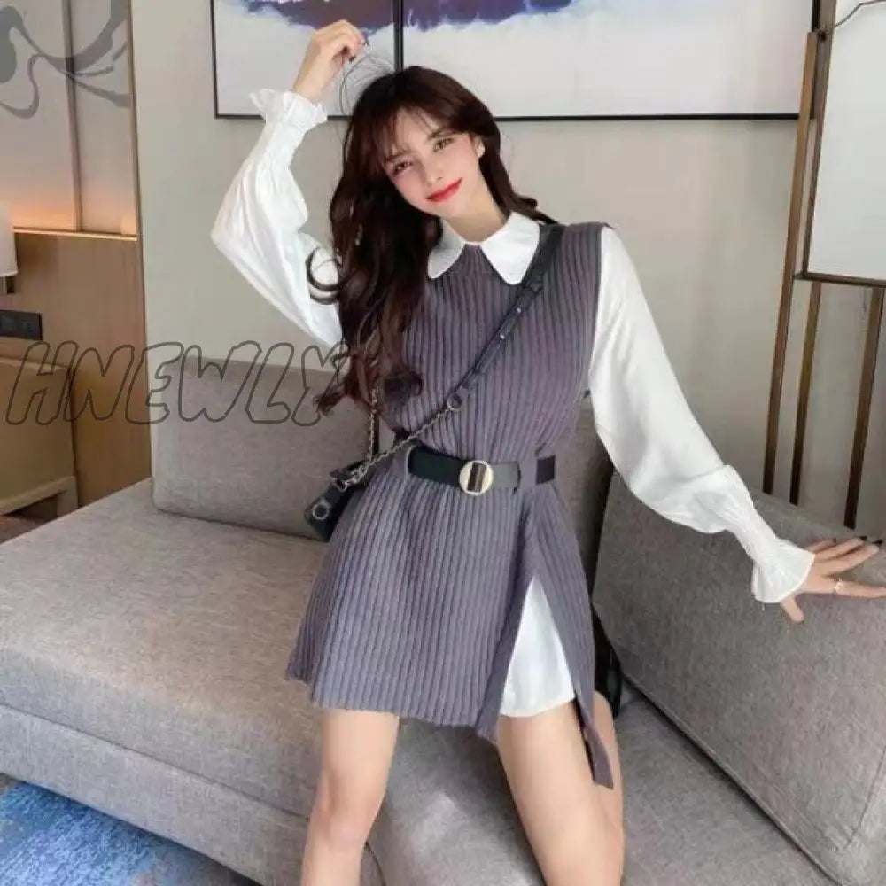 Hnewly Long Lantern Sleeve Shirt Women Knitted Vest 2 Two Piece Set Spring Autumn Womens Shirts