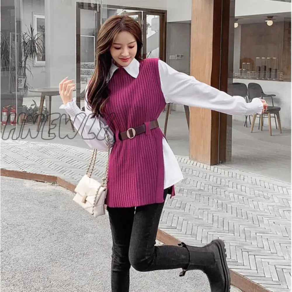 Hnewly Long Lantern Sleeve Shirt Women Knitted Vest 2 Two Piece Set Spring Autumn Womens Shirts