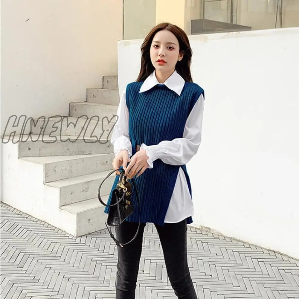 Hnewly Long Lantern Sleeve Shirt Women Knitted Vest 2 Two Piece Set Spring Autumn Womens Shirts