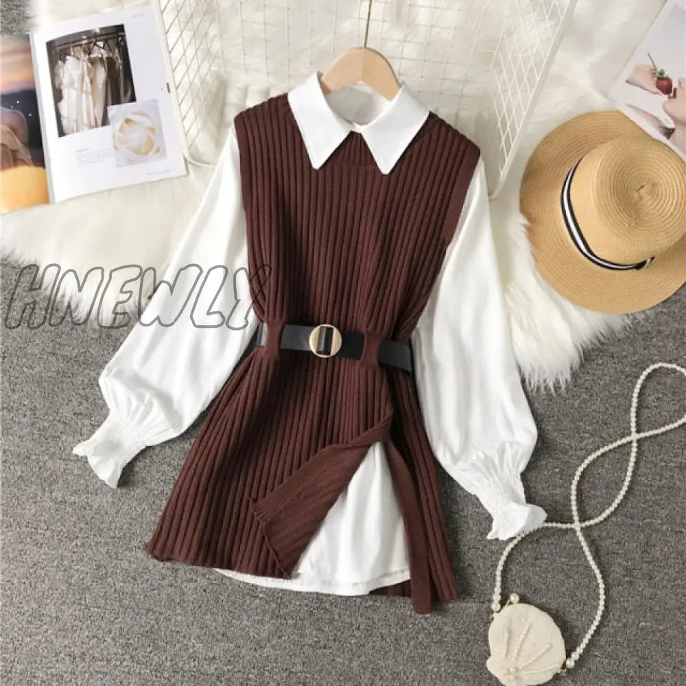 Hnewly Long Lantern Sleeve Shirt Women Knitted Vest 2 Two Piece Set Spring Autumn Womens Shirts