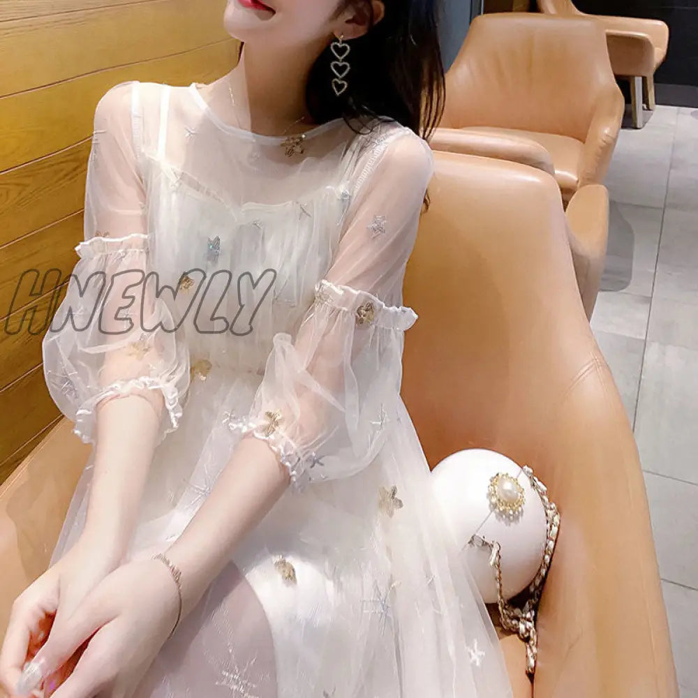 Hnewly Long Sleeve Dresses Women Holiday Summer Elegant Gauze Ankle-Length Sweet Fashion Korean