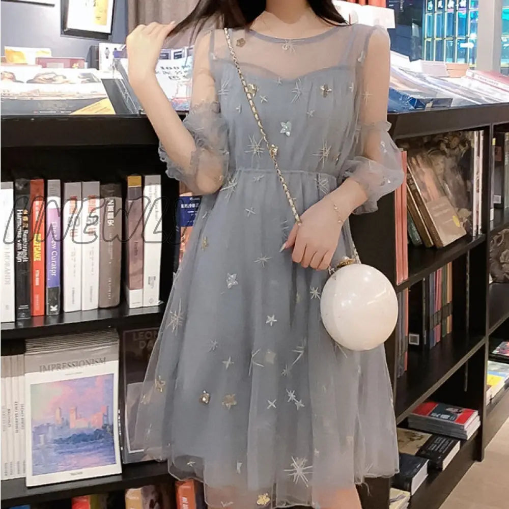 Hnewly Long Sleeve Dresses Women Holiday Summer Elegant Gauze Ankle-Length Sweet Fashion Korean