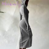 Hnewly Long Sleeve Hooded Patchwork Skinny Maxi Dress Autumn Winter Women Fashion Streetwear Casual