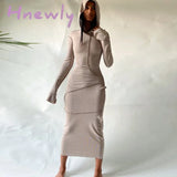 Hnewly Long Sleeve Hooded Patchwork Skinny Maxi Dress Autumn Winter Women Fashion Streetwear Casual