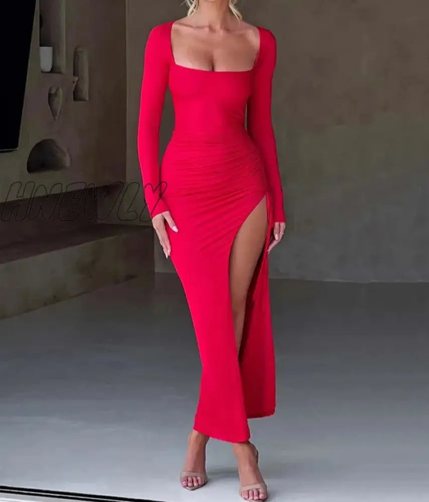 Hnewly Long Sleeve Ruched High Split Maxi Dress Women Square Collar Drawstring Bodycon Sexy Party