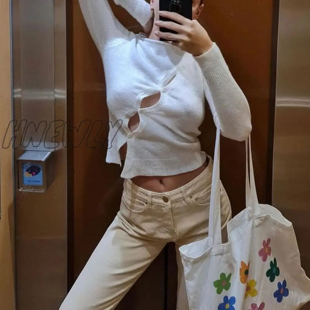 Hnewly Long Sleeve Spring Autumn Knitted Women Tops Sweaters T-Shirts Elegant Hollow Out Top Tees